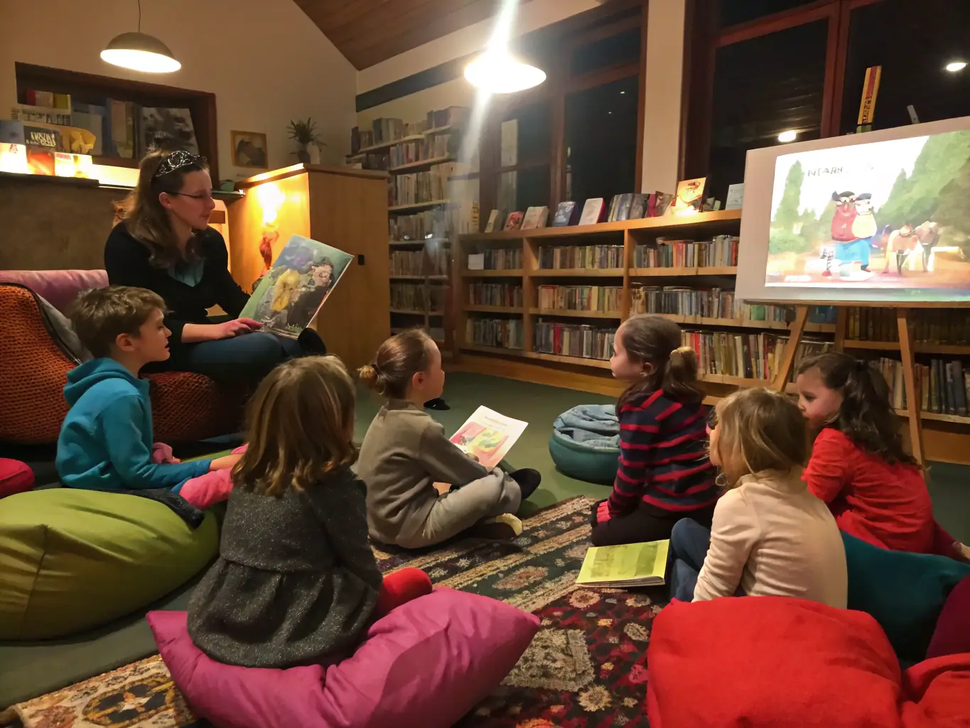 A group of children participating in a storytelling session at the library, with a librarian reading aloud from a colorful picture book, creating an engaging and interactive learning environment.