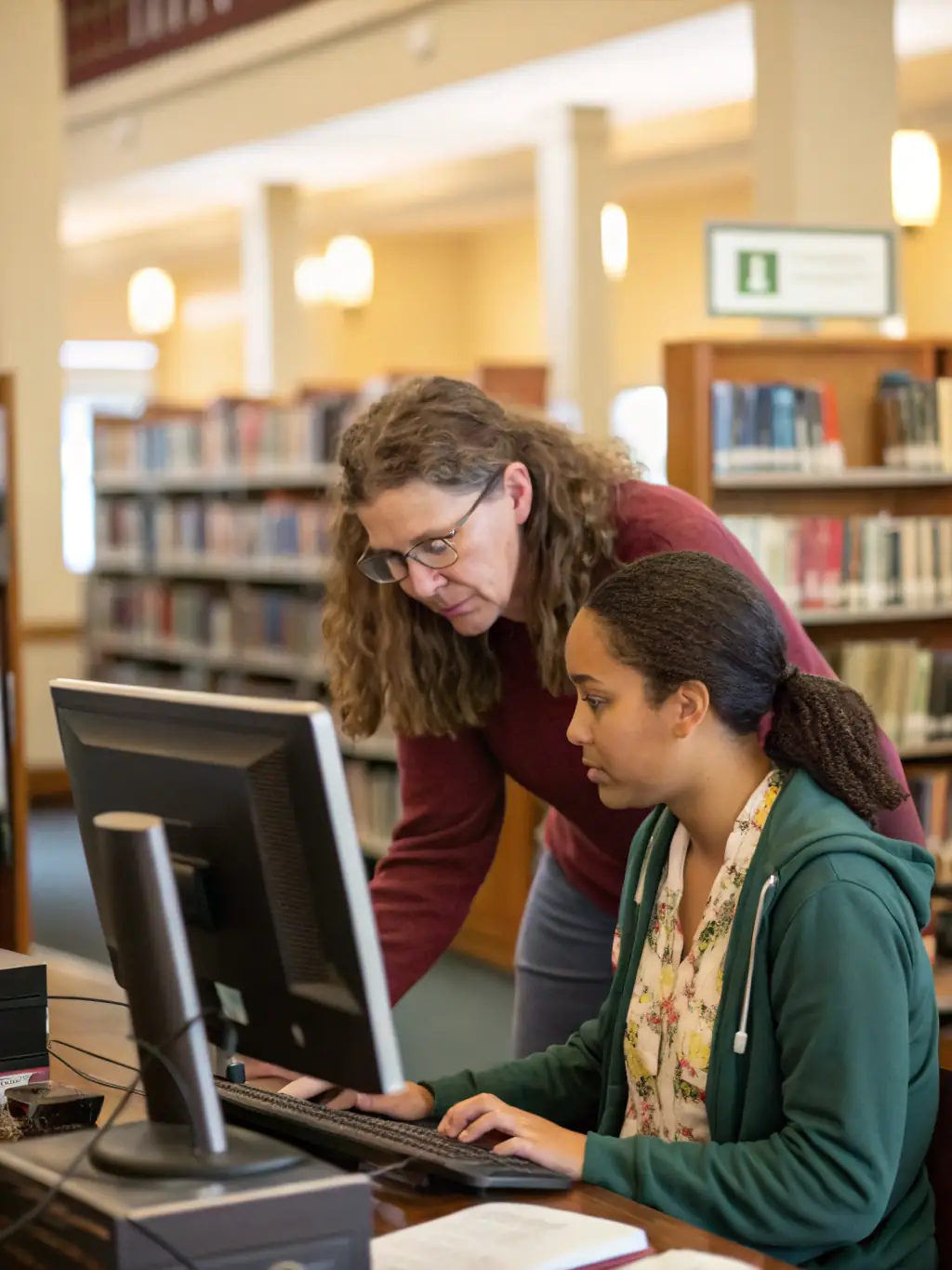 A librarian assisting a student with research, surrounded by shelves of books, highlighting the personalized support offered at BIBLIOTHEQUE CENTRE DOCUMENTAIRE.