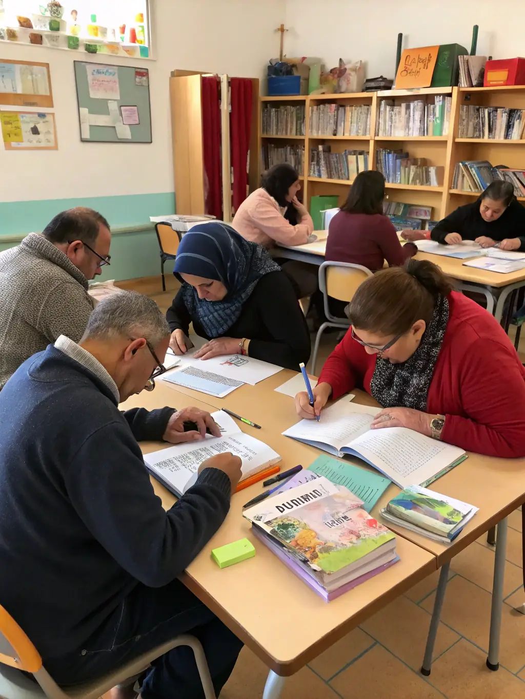A group of adults participating in a workshop or class at the library, focused on a specific skill or topic, showcasing the educational programs at BIBLIOTHEQUE CENTRE DOCUMENTAIRE.