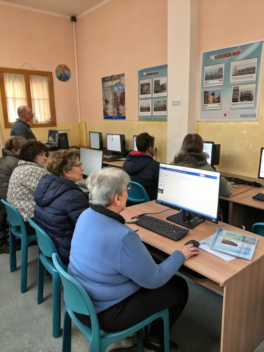 An image of adults attending a computer literacy workshop at BIBLIOTHEQUE CENTRE DOCUMENTAIRE, learning basic computer skills from an instructor.