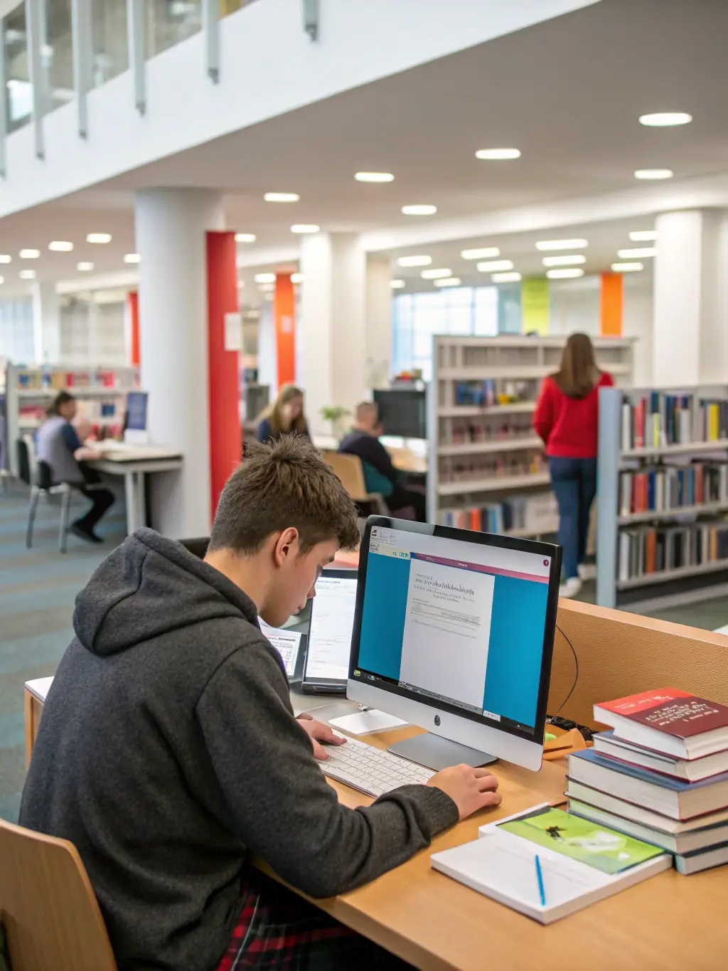 A person using a computer in a library setting, with the library's logo subtly visible in the background, showcasing access to digital resources at BIBLIOTHEQUE CENTRE DOCUMENTAIRE.