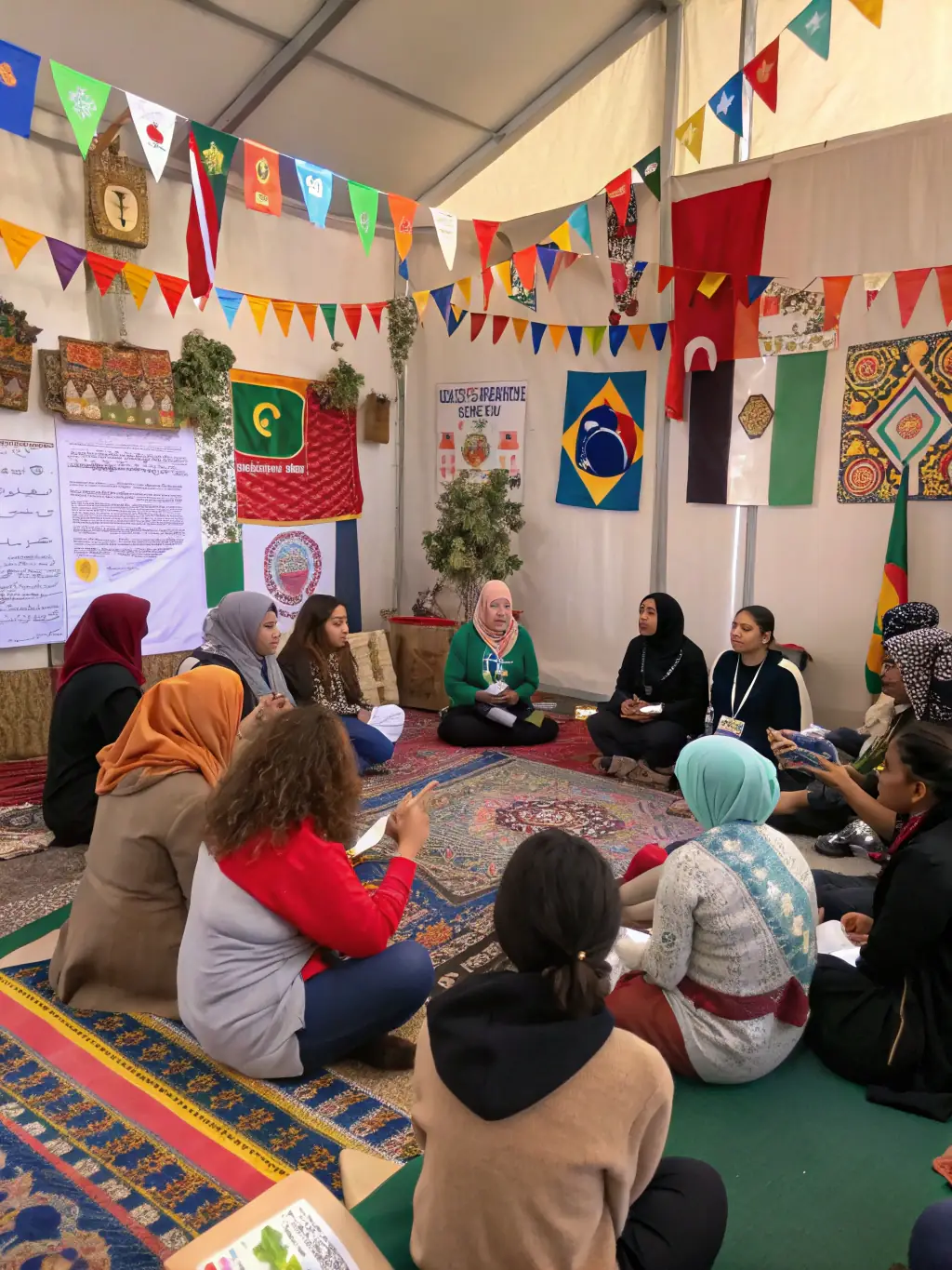 A photo of a diverse group of people attending a cultural exchange event at BIBLIOTHEQUE CENTRE DOCUMENTAIRE, showcasing traditional music, dance, and food.