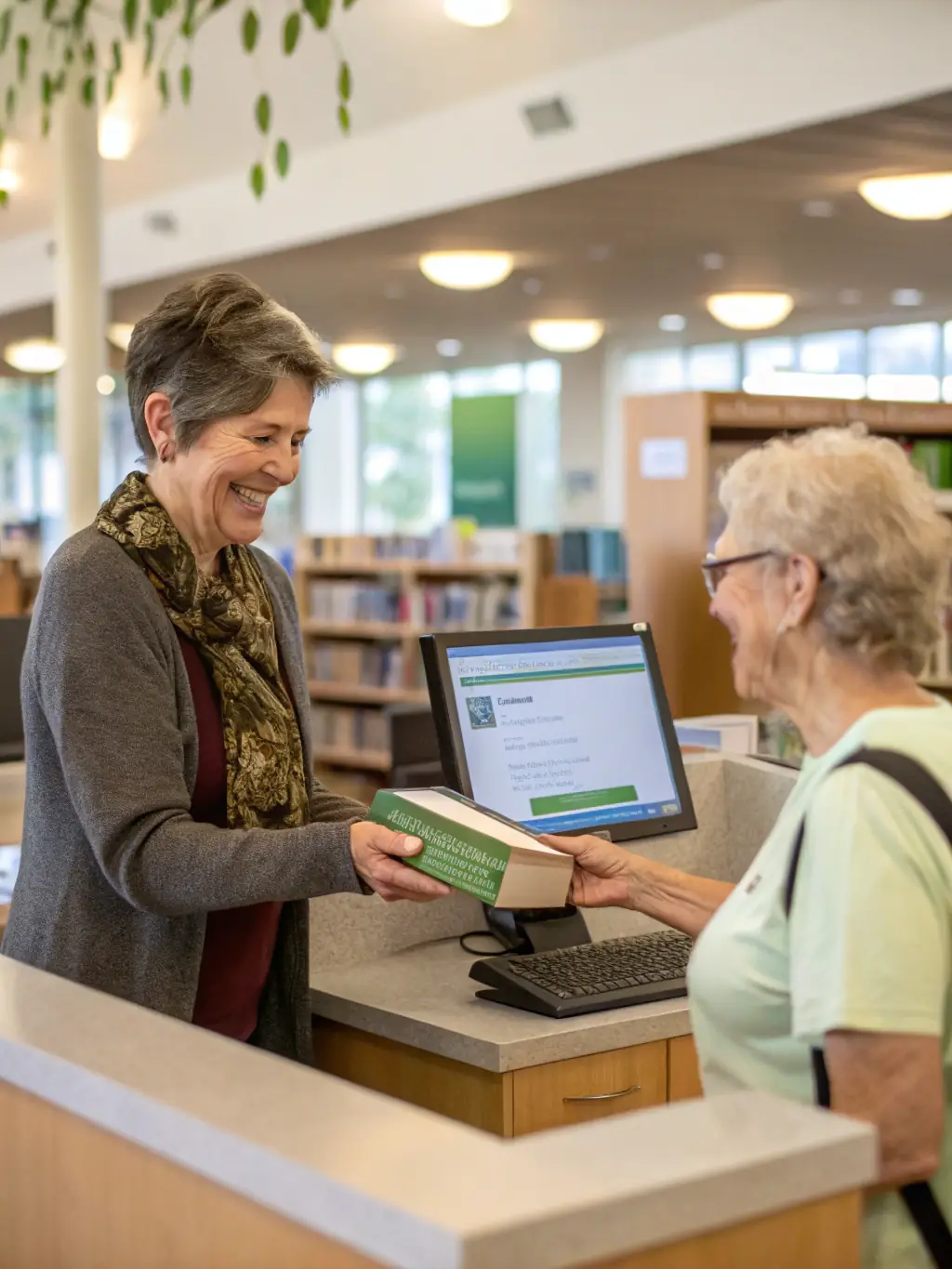 A librarian assisting a patron in finding a specific book, showcasing personalized service and expert guidance in navigating the library's collection.