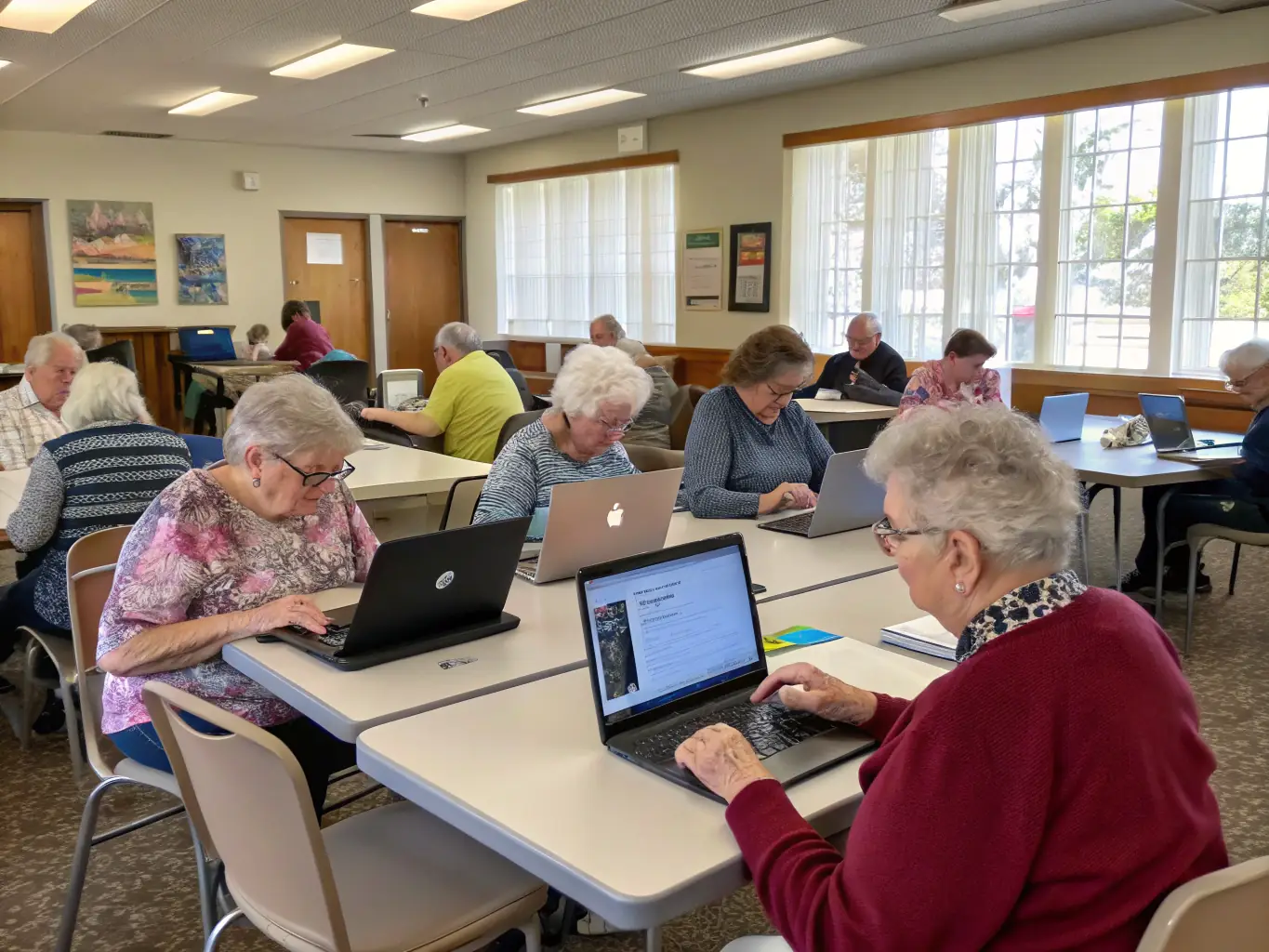 A photograph of adults attending a computer literacy workshop at the library, focusing on digital skills and online resources, promoting lifelong learning and technological empowerment.