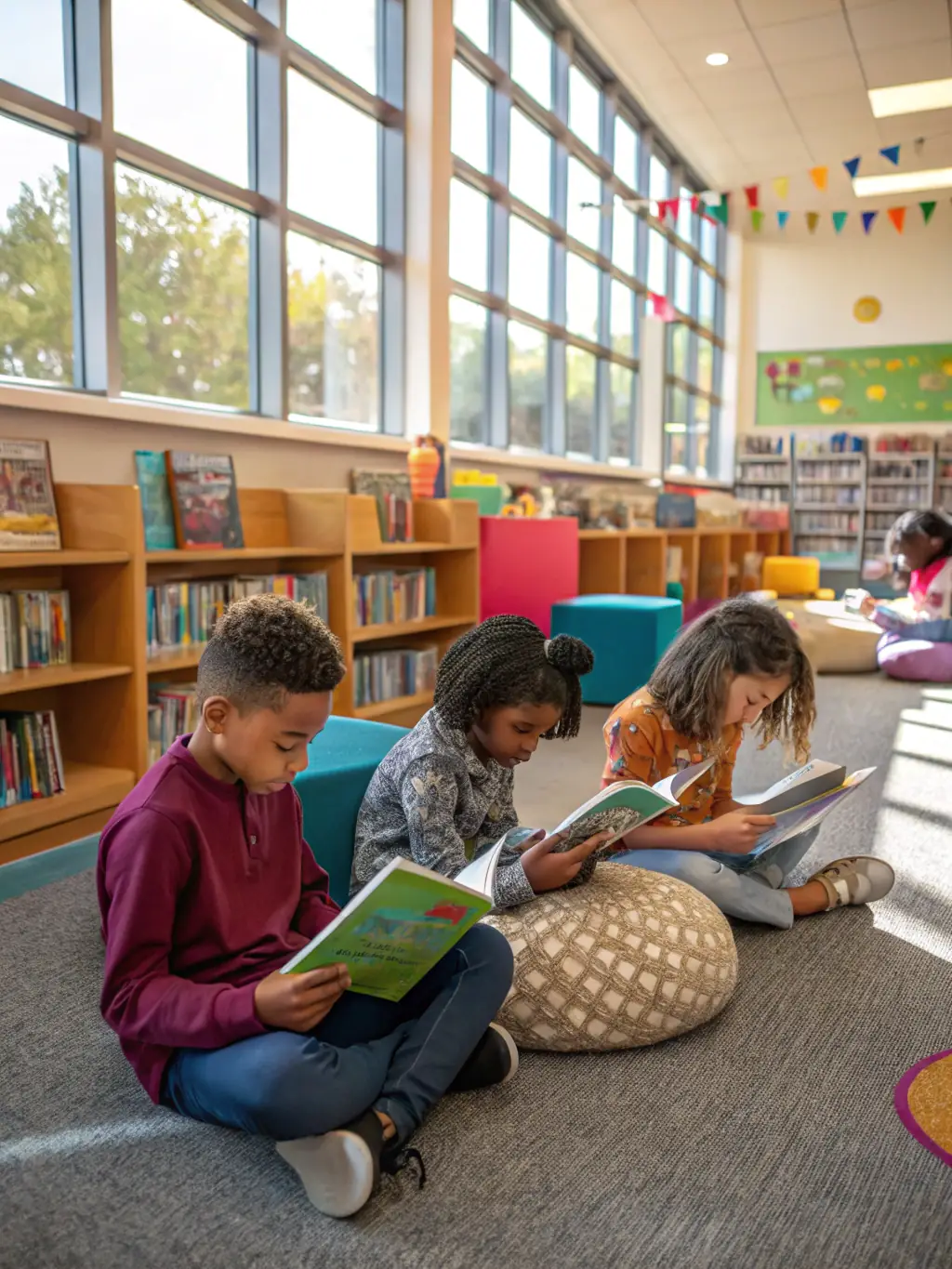 A diverse group of children and adults reading together in a brightly lit, modern library setting, symbolizing community engagement and the joy of reading.