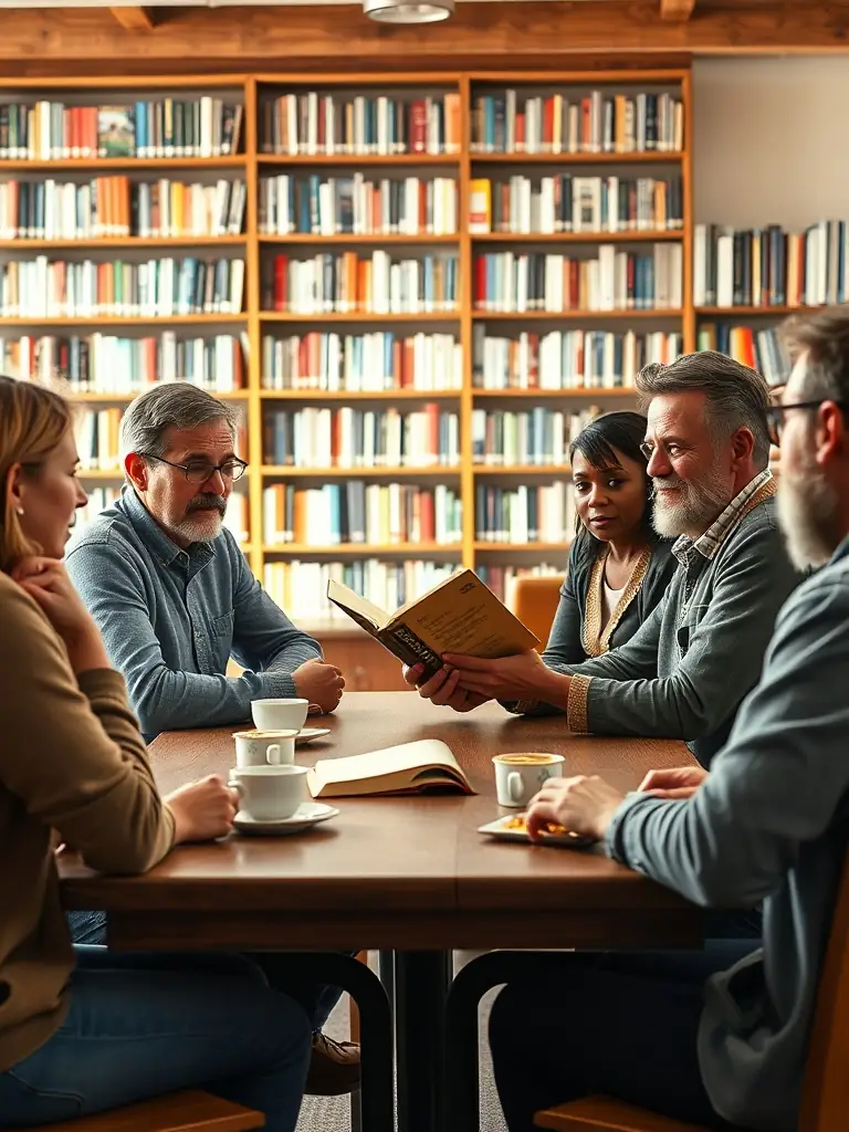 A vibrant image of a book club meeting at BIBLIOTHEQUE CENTRE DOCUMENTAIRE, with participants discussing literature over coffee and snacks.