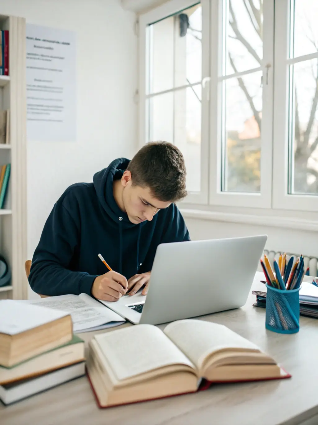 A student engrossed in a book at a library table, surrounded by stacks of learning materials, representing academic support and the pursuit of knowledge.