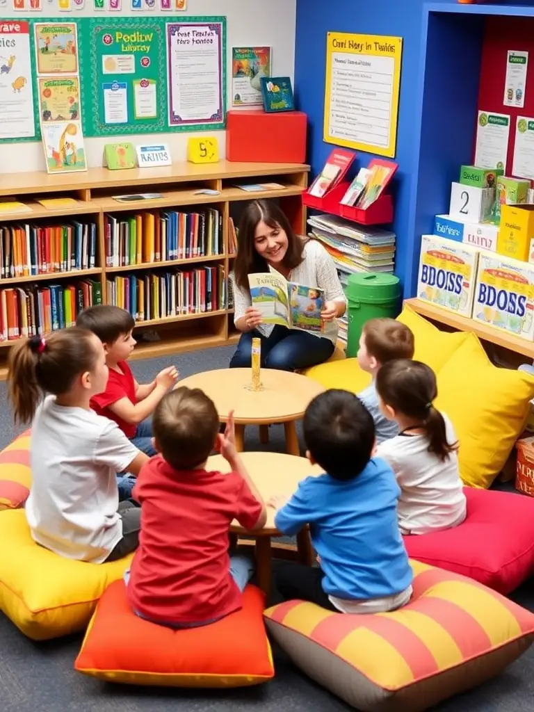 A brightly lit photo of children participating in a storytelling session at BIBLIOTHEQUE CENTRE DOCUMENTAIRE, with a librarian enthusiastically reading from a book.