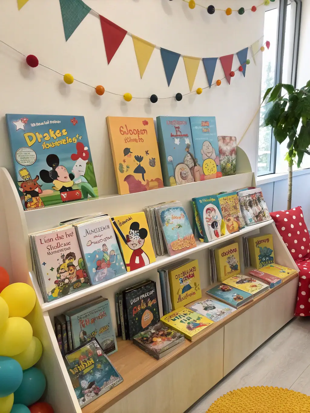 A stack of colorful children's books with various titles visible, arranged neatly on a wooden shelf in the children's section of BIBLIOTHEQUE CENTRE DOCUMENTAIRE.