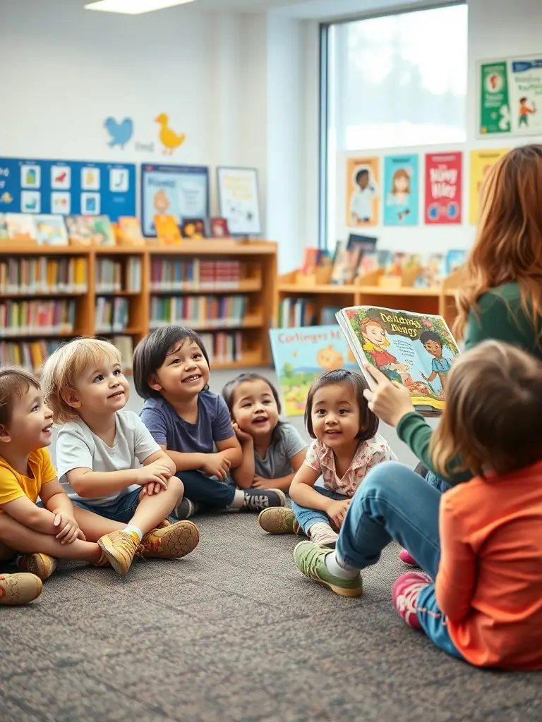 A brightly lit photo of children participating in a storytelling session at BIBLIOTHEQUE CENTRE DOCUMENTAIRE, with a librarian reading aloud from a colorful picture book.